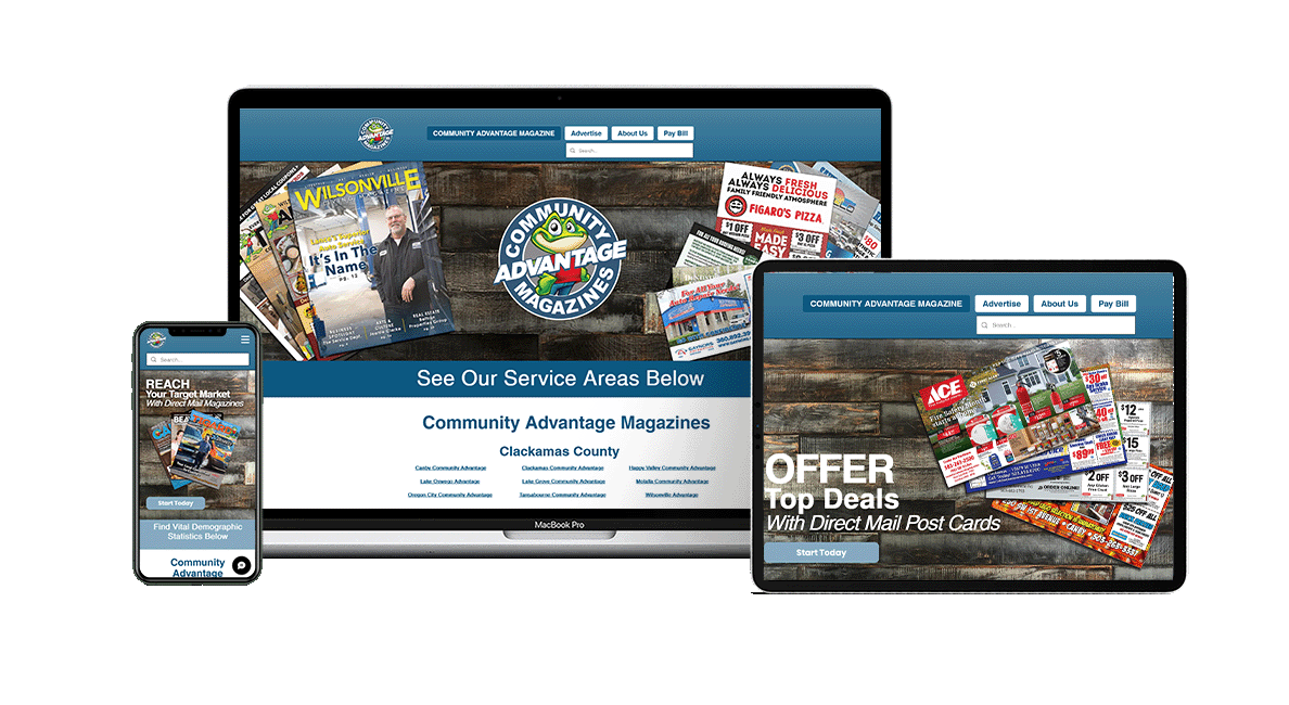 Examples of the Community advantage magazine, displayed on a Mac Book, ipad, and iphone