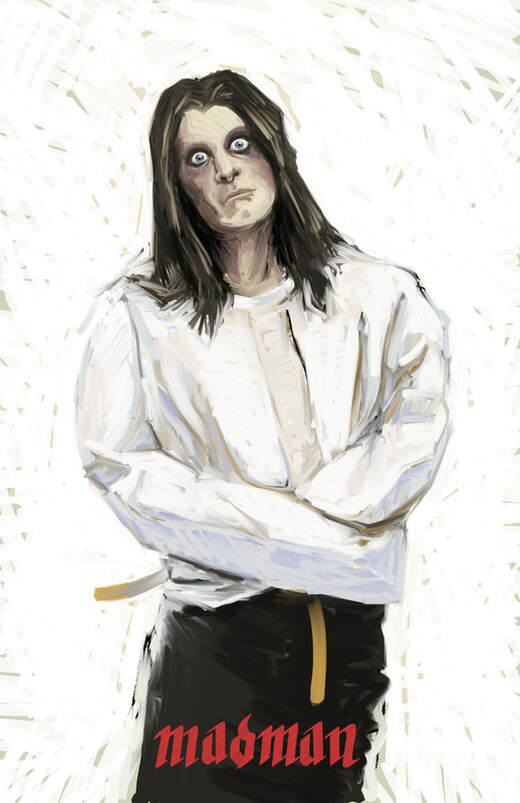 An illustration of Ozzy Osbourn in a straight Jacket in the style of J.C. Lyendecker.